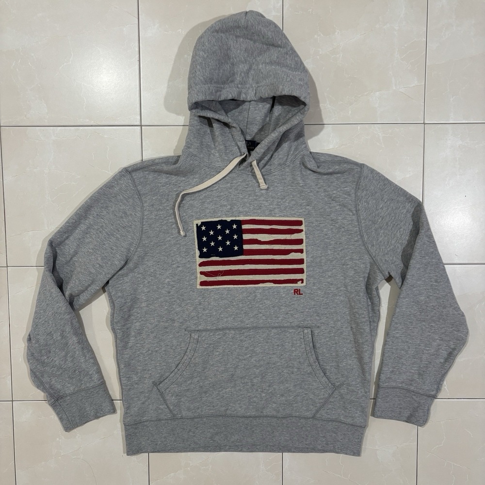 Polo Ralph Lauren Hoodie Sweatshirt American Flag Men's L Grey Pullover Y2K USA